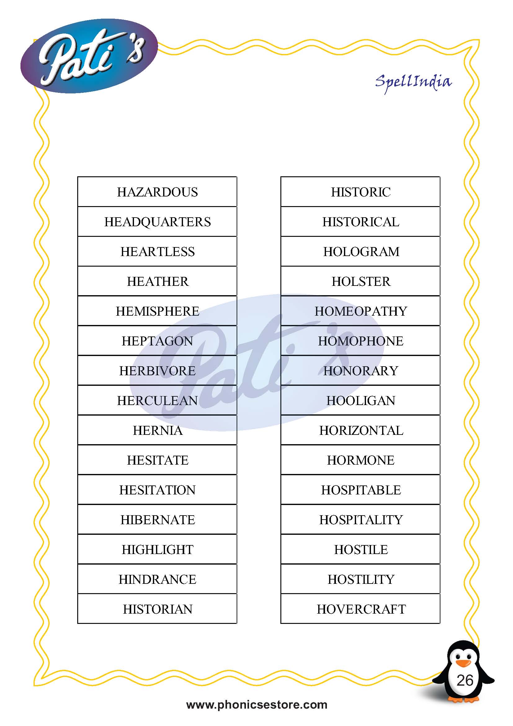 Pati Spelling Bee word list Class 6 Grade 6